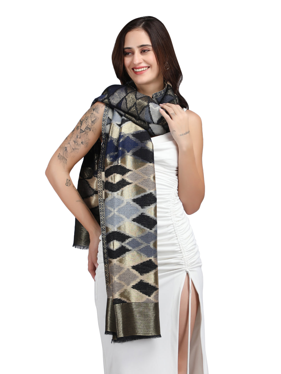 Noor Zari Ikat Weave 100% Fine Wool Stole - 370