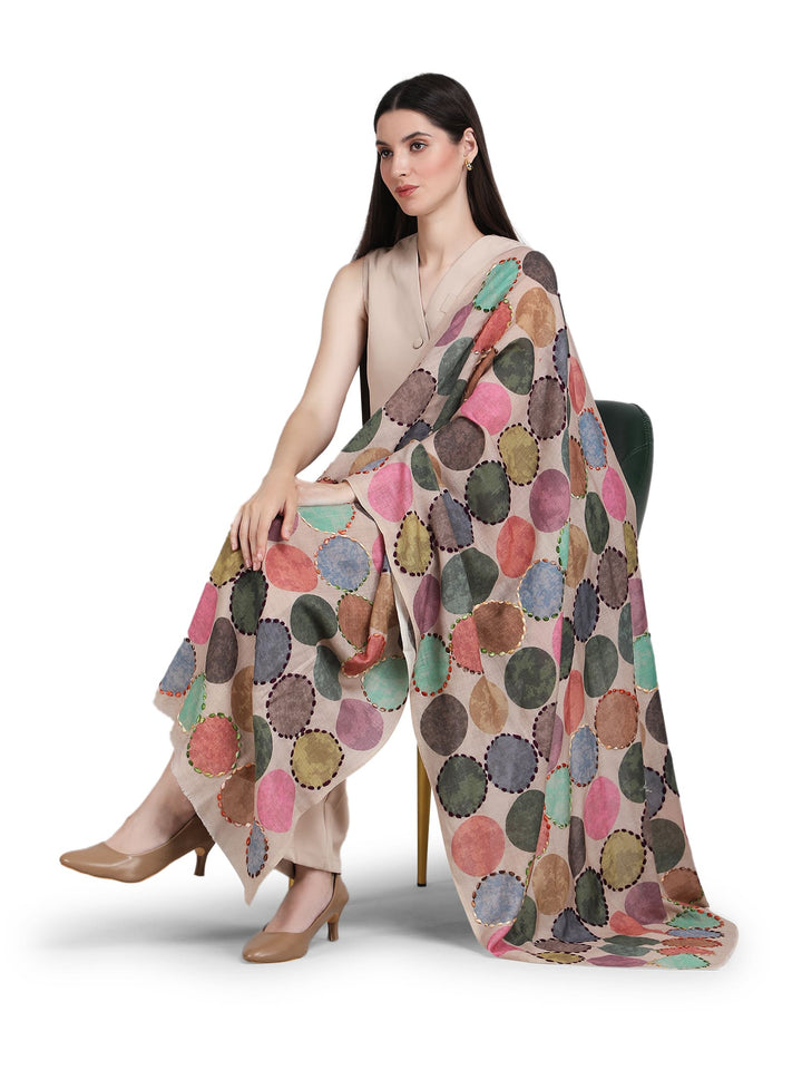 Beige Cosmo Circles 100% Fine Wool Stole - 371