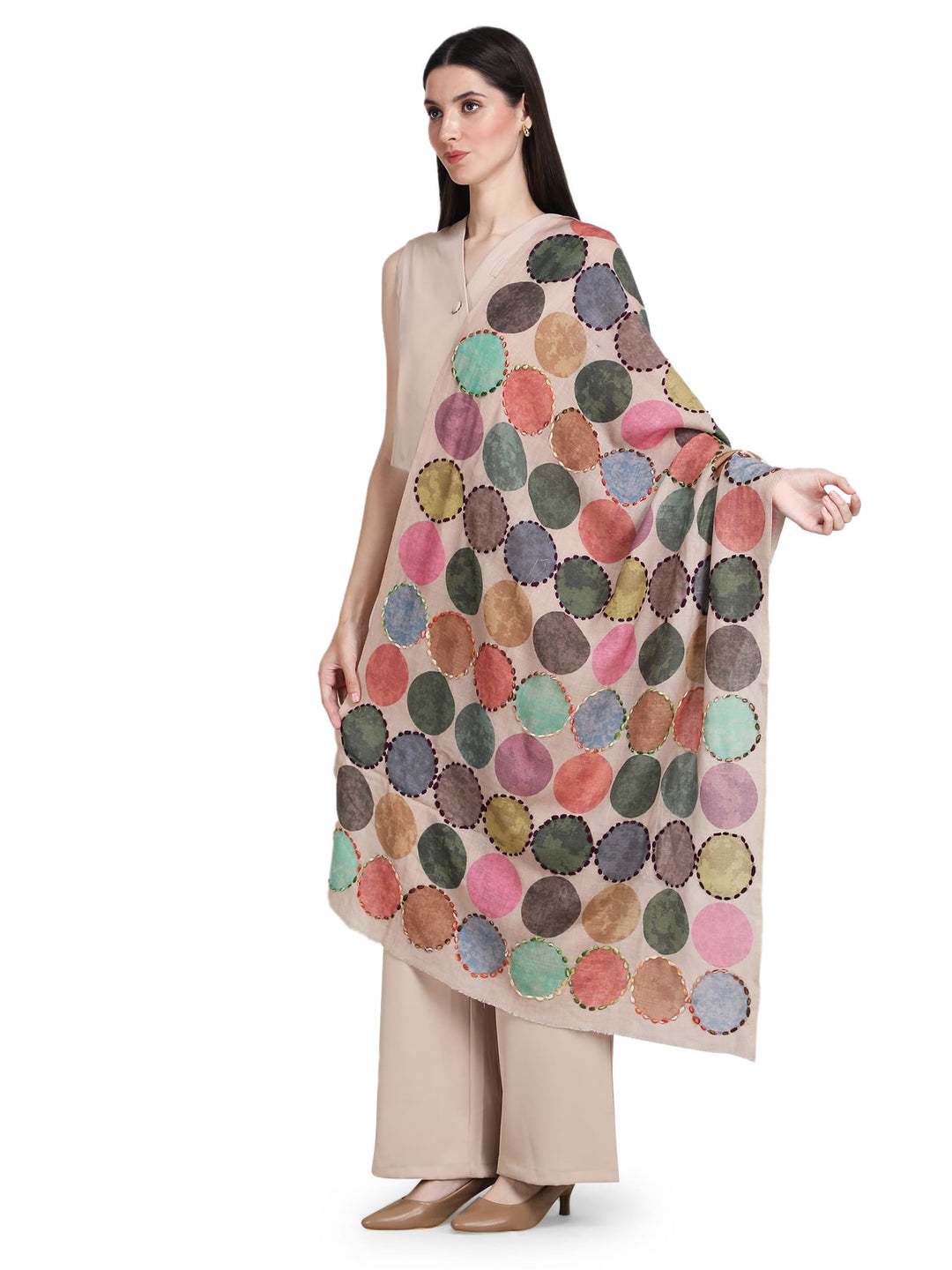Beige Cosmo Circles 100% Fine Wool Stole - 371