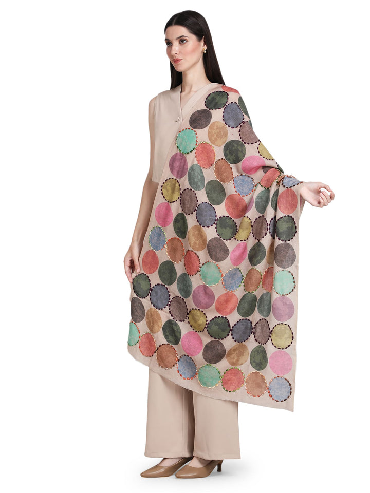 Beige Cosmo Circles 100% Fine Wool Stole - 371