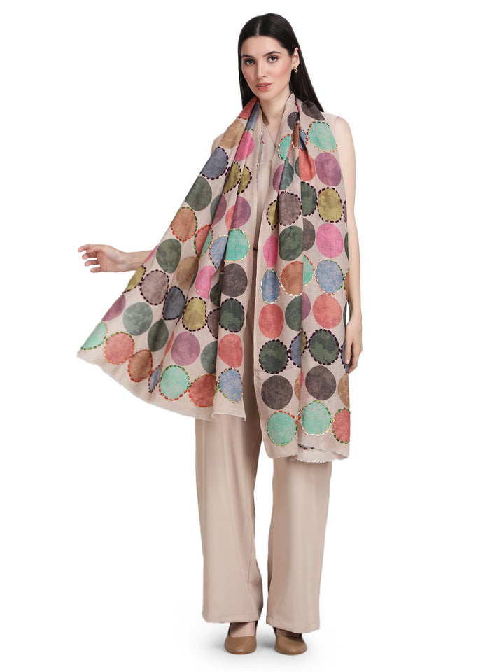 Beige Cosmo Circles 100% Fine Wool Stole - 371