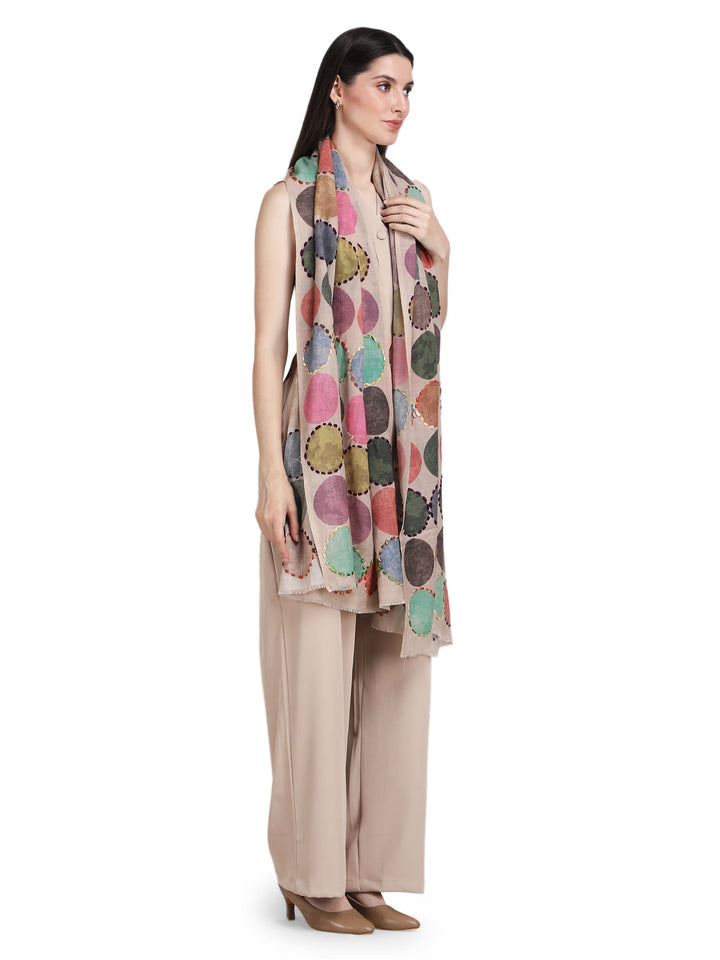 Beige Cosmo Circles 100% Fine Wool Stole - 371