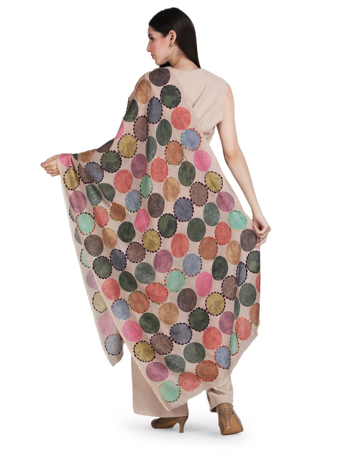 Beige Cosmo Circles 100% Fine Wool Stole - 371