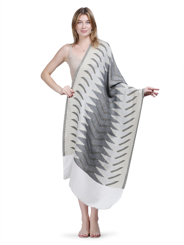 Plain Ikat Weave 100% Fine Wool Stole (Reversible) Stole - Ivory & Grey- 373