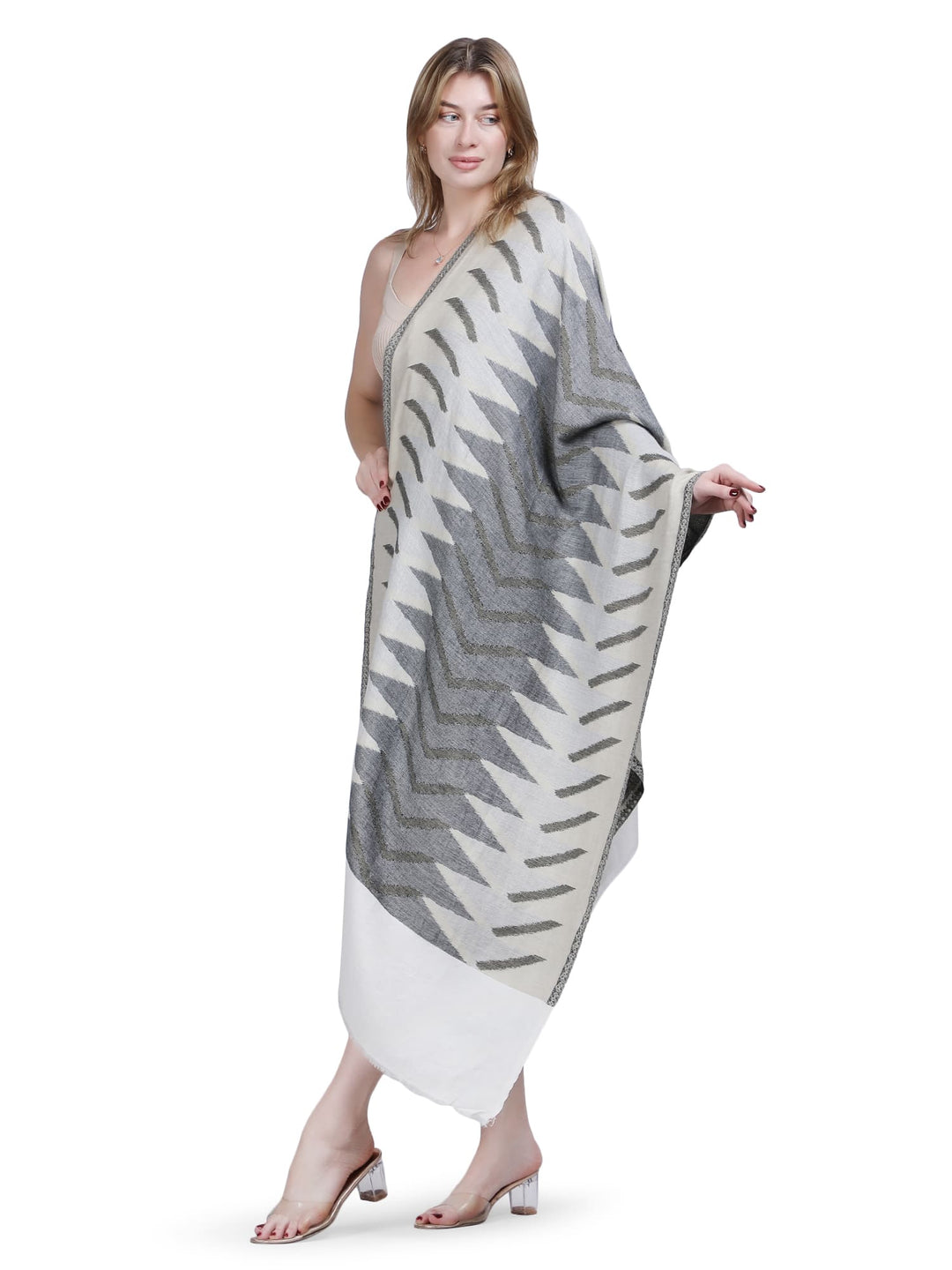 Plain Ikat Weave 100% Fine Wool Stole (Reversible) Stole - Ivory & Grey- 373