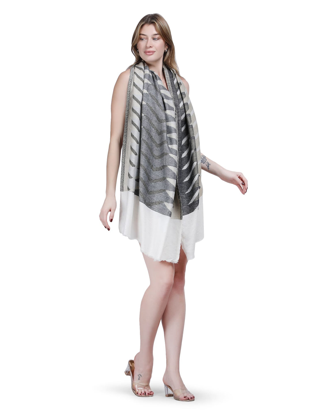 Plain Ikat Weave 100% Fine Wool Stole (Reversible) Stole - Ivory & Grey- 373