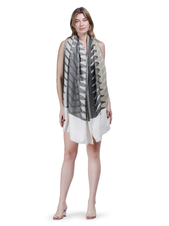 Plain Ikat Weave 100% Fine Wool Stole (Reversible) Stole - Ivory & Grey- 373