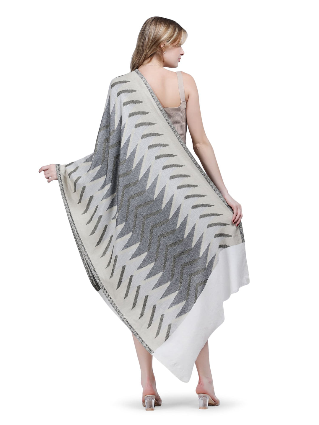 Plain Ikat Weave 100% Fine Wool Stole (Reversible) Stole - Ivory & Grey- 373