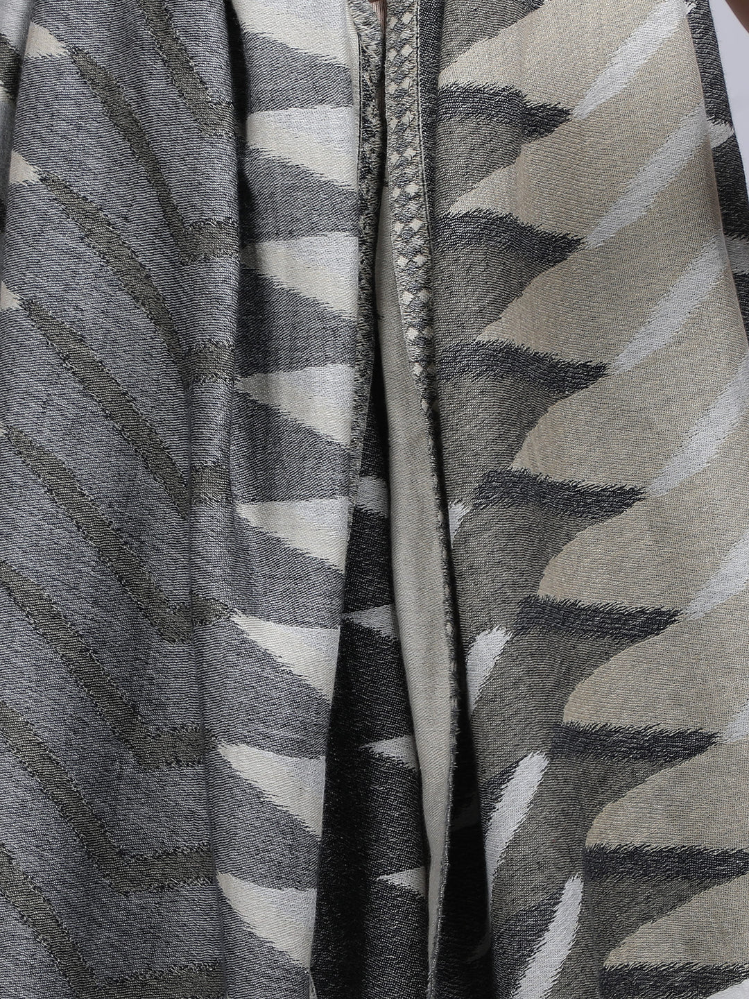 Plain Ikat Weave 100% Fine Wool Stole (Reversible) Stole - Ivory & Grey- 373