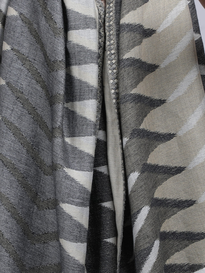 Plain Ikat Weave 100% Fine Wool Stole (Reversible) Stole - Ivory & Grey- 373