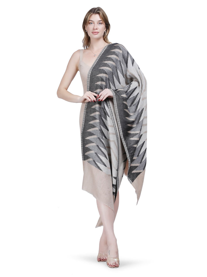 Plain Ikat Weave Stole - Ivory & Grey- 374