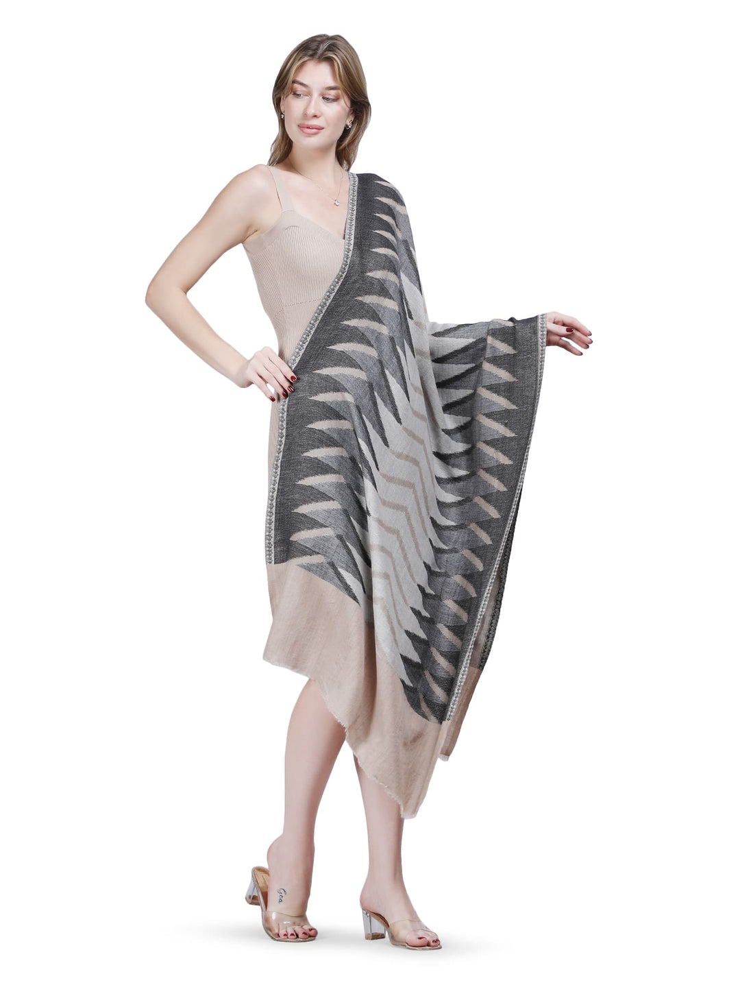 Plain Ikat Weave Stole - Ivory & Grey- 374