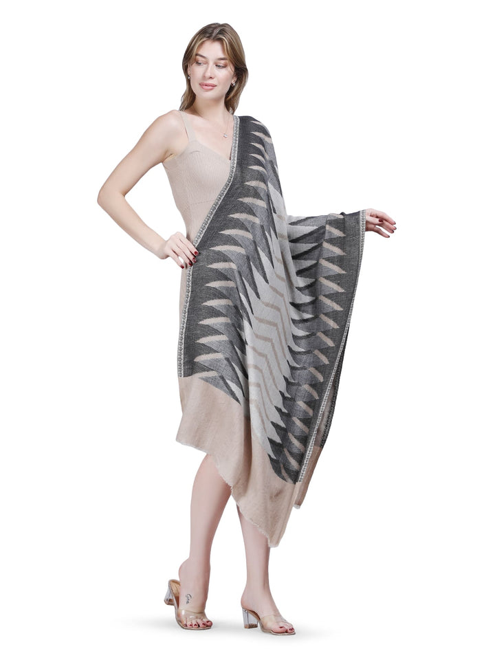 Plain Ikat Weave Stole - Ivory & Grey- 374