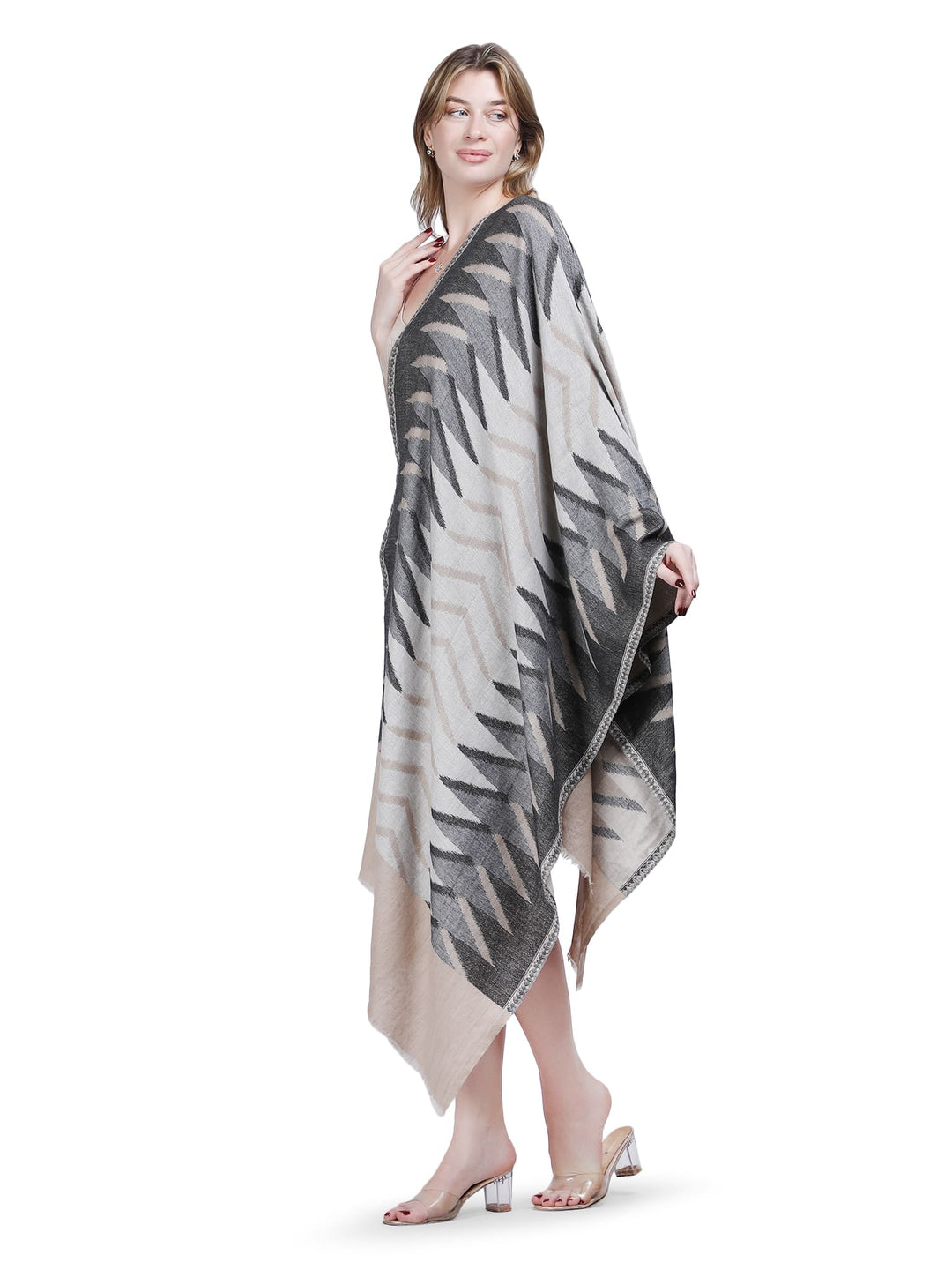 Plain Ikat Weave Stole - Ivory & Grey- 374