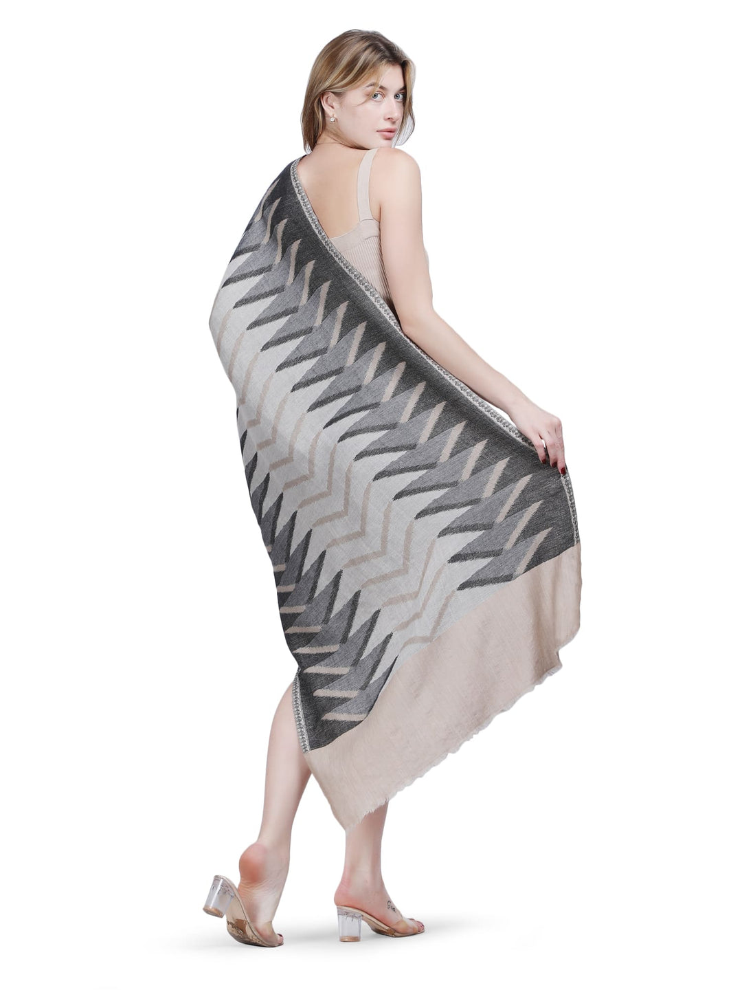 Plain Ikat Weave Stole - Ivory & Grey- 374