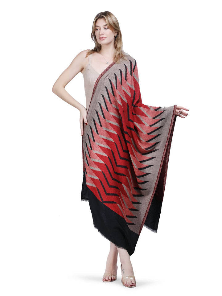 Plain Ikat Weave 100% Fine Wool Stole (Reversible) Stole - Black & Red- 375