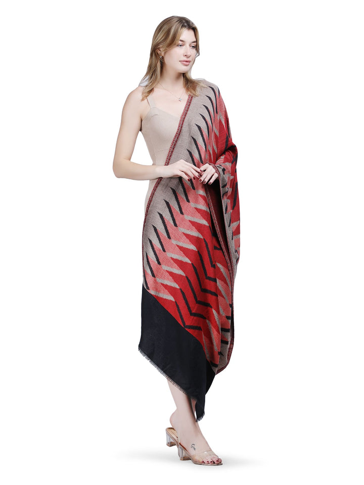 Plain Ikat Weave 100% Fine Wool Stole (Reversible) Stole - Black & Red- 375