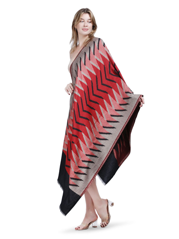 Plain Ikat Weave 100% Fine Wool Stole (Reversible) Stole - Black & Red- 375