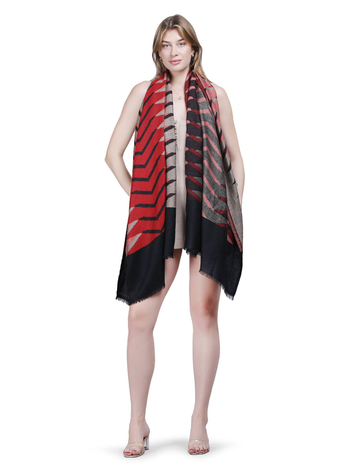Plain Ikat Weave 100% Fine Wool Stole (Reversible) Stole - Black & Red- 375