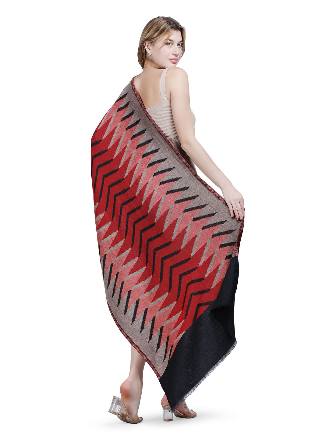 Plain Ikat Weave 100% Fine Wool Stole (Reversible) Stole - Black & Red- 375