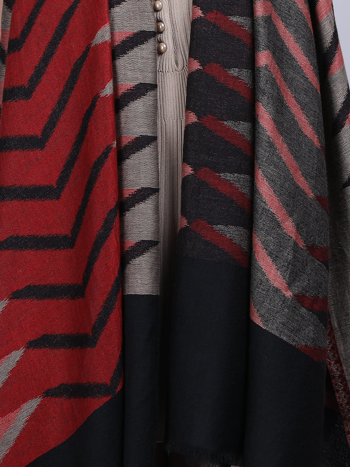 Plain Ikat Weave 100% Fine Wool Stole (Reversible) Stole - Black & Red- 375