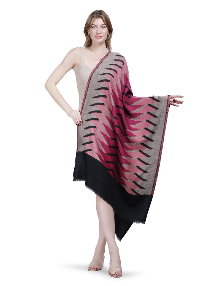 Plain Ikat Weave 100% Fine Wool Stole (Reversible)  Stole - Black & Pink- 376