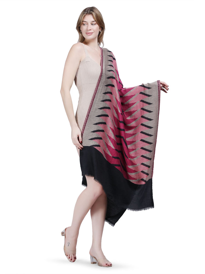 Plain Ikat Weave 100% Fine Wool Stole (Reversible)  Stole - Black & Pink- 376