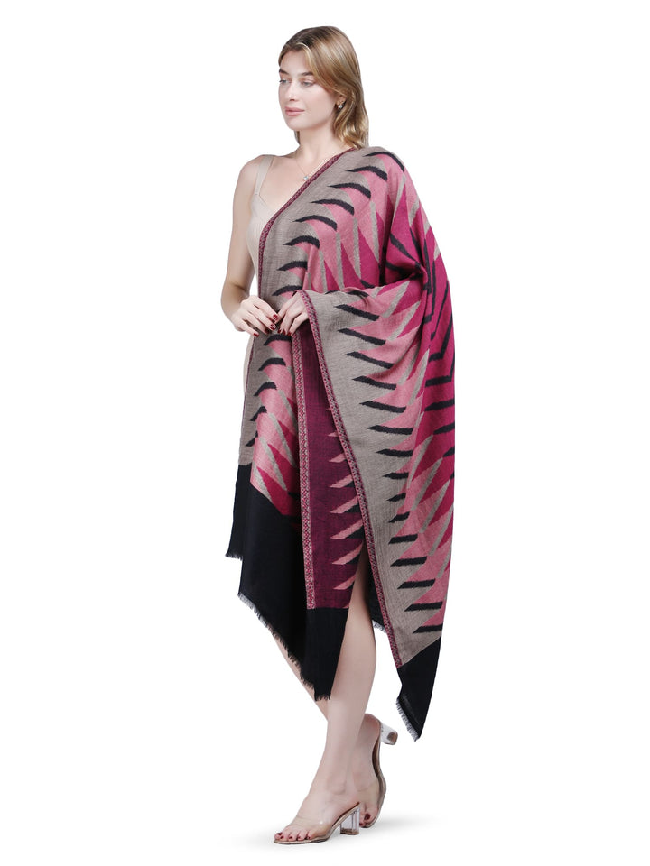 Plain Ikat Weave 100% Fine Wool Stole (Reversible)  Stole - Black & Pink- 376