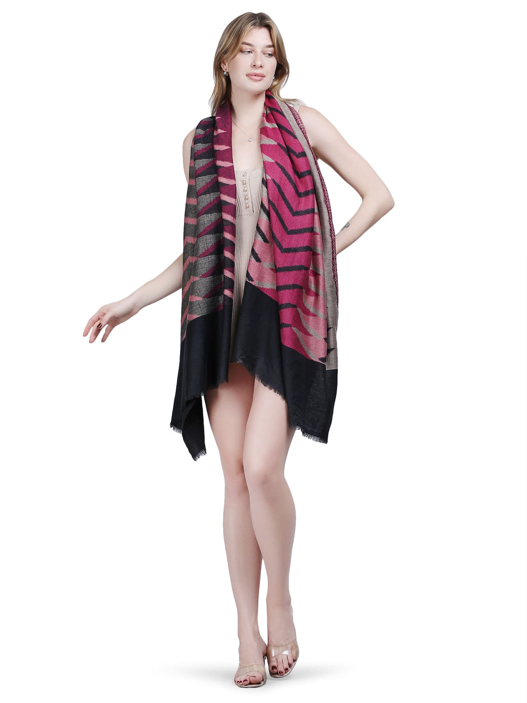 Plain Ikat Weave 100% Fine Wool Stole (Reversible)  Stole - Black & Pink- 376