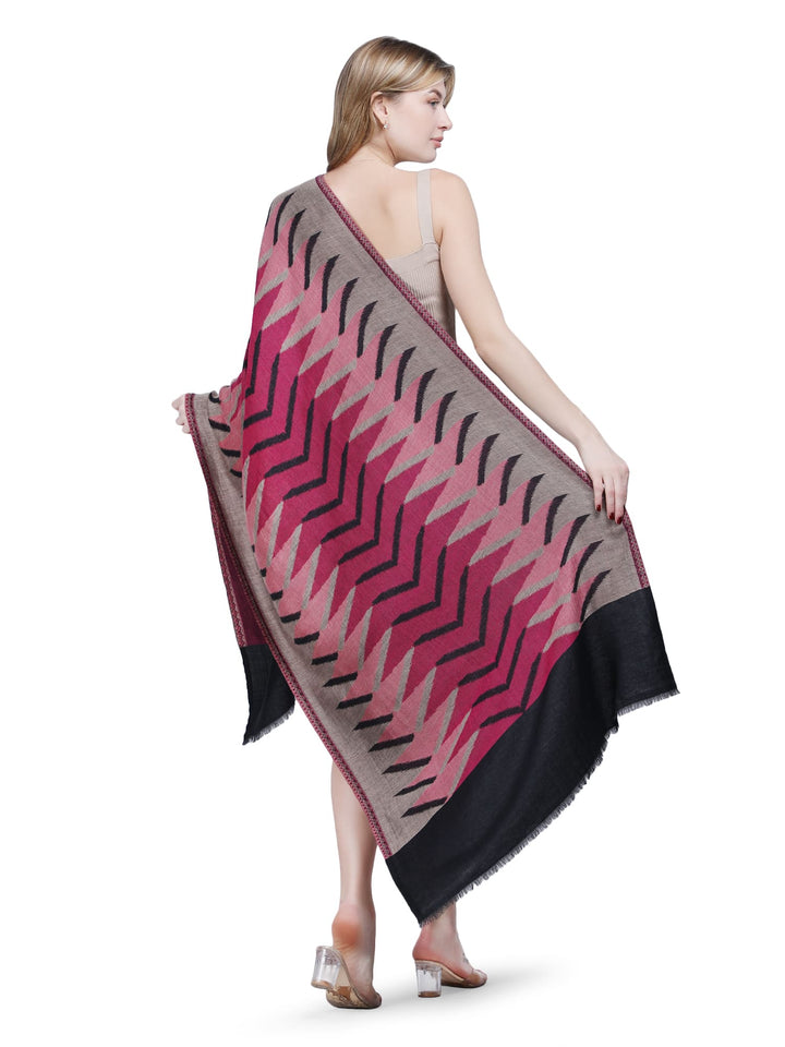 Plain Ikat Weave 100% Fine Wool Stole (Reversible)  Stole - Black & Pink- 376
