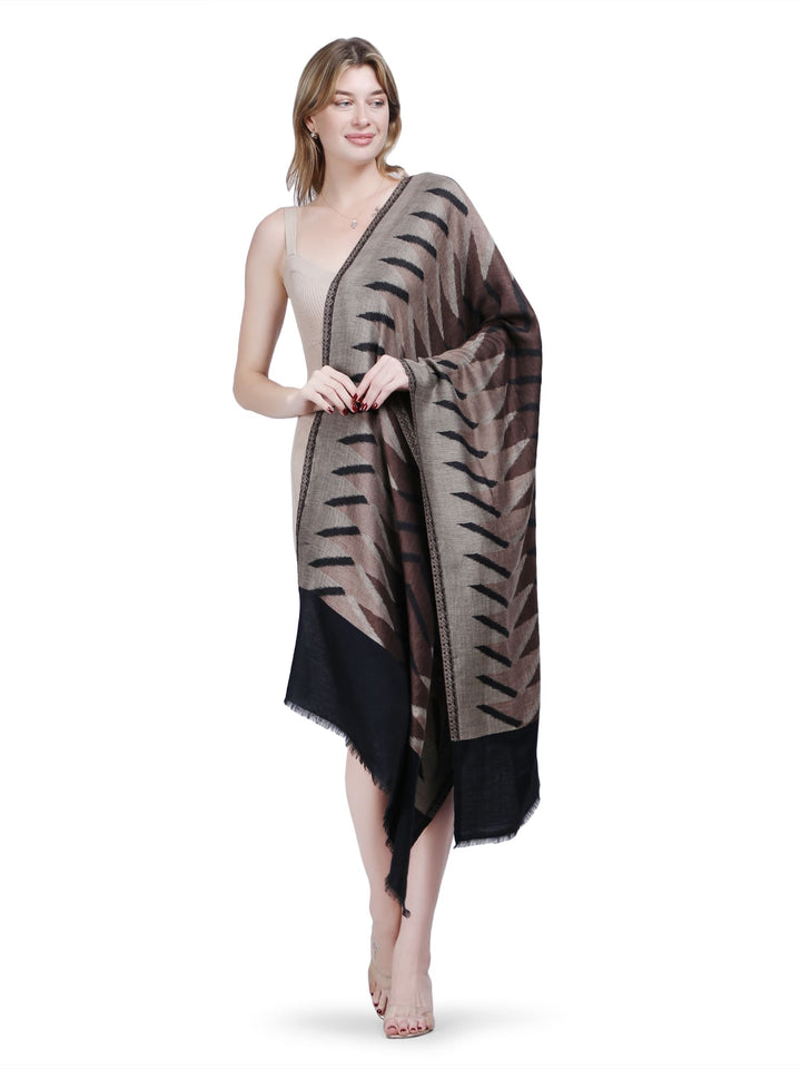 Plain Ikat Weave 100% Fine Wool Stole (Reversible) Stole - Black & brown- 377