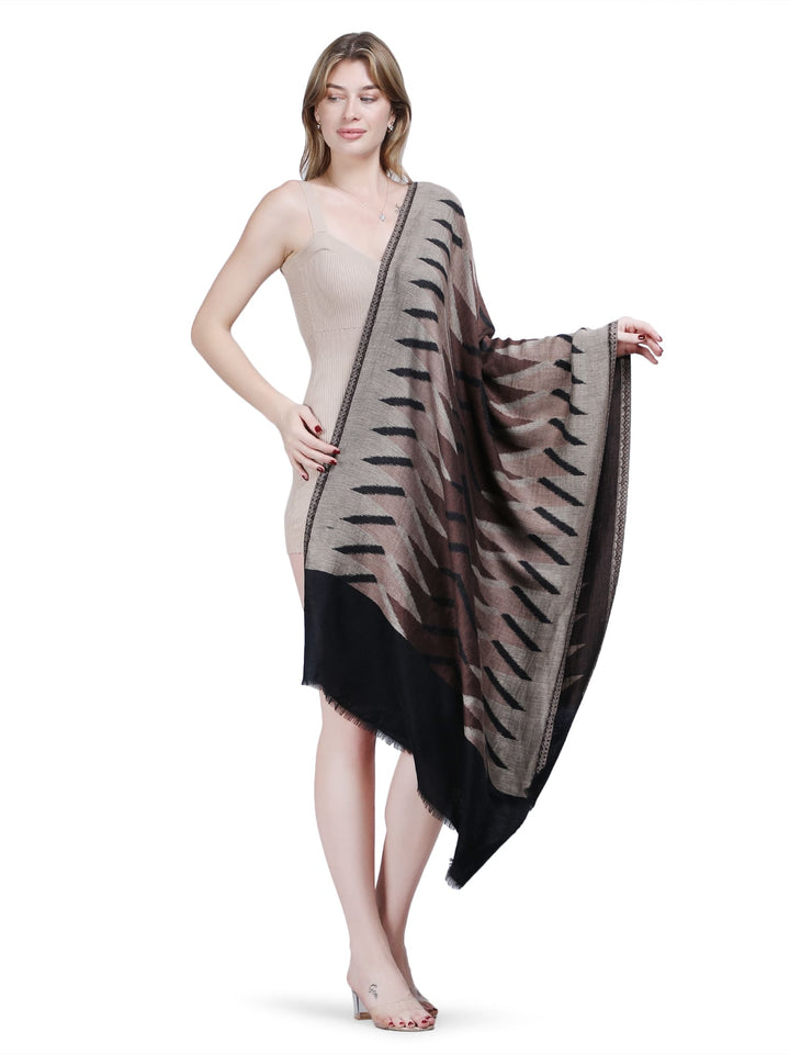Plain Ikat Weave 100% Fine Wool Stole (Reversible) Stole - Black & brown- 377