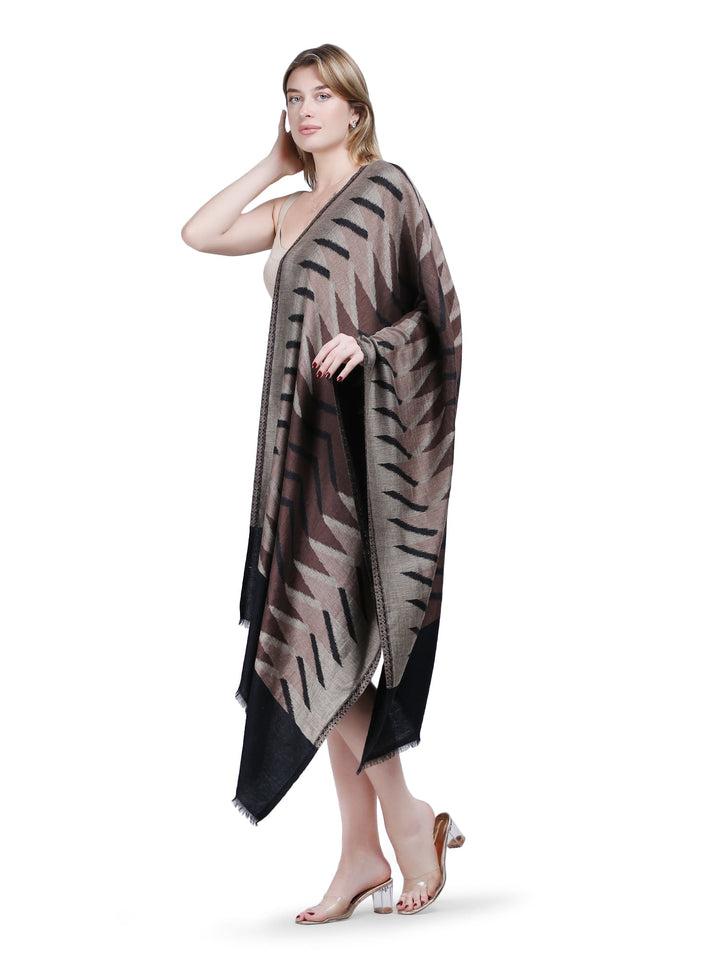 Plain Ikat Weave 100% Fine Wool Stole (Reversible) Stole - Black & brown- 377