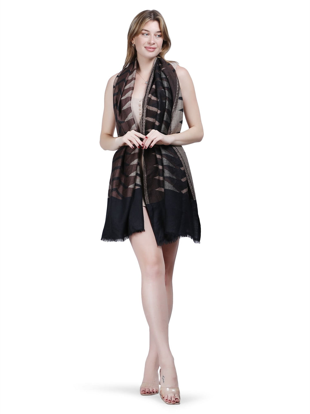 Plain Ikat Weave 100% Fine Wool Stole (Reversible) Stole - Black & brown- 377
