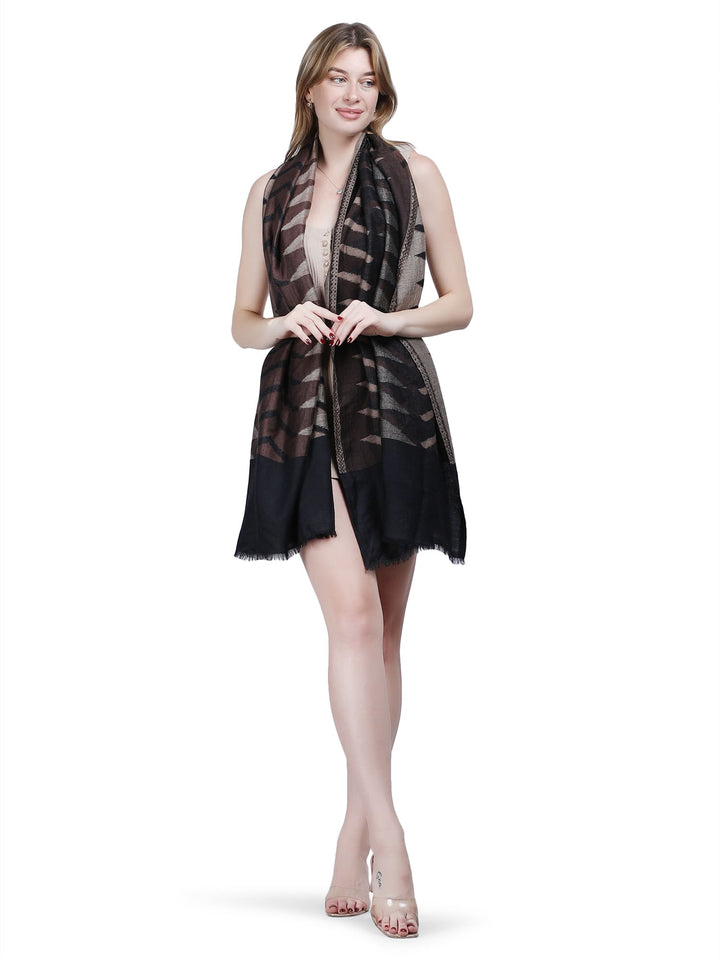 Plain Ikat Weave 100% Fine Wool Stole (Reversible) Stole - Black & brown- 377