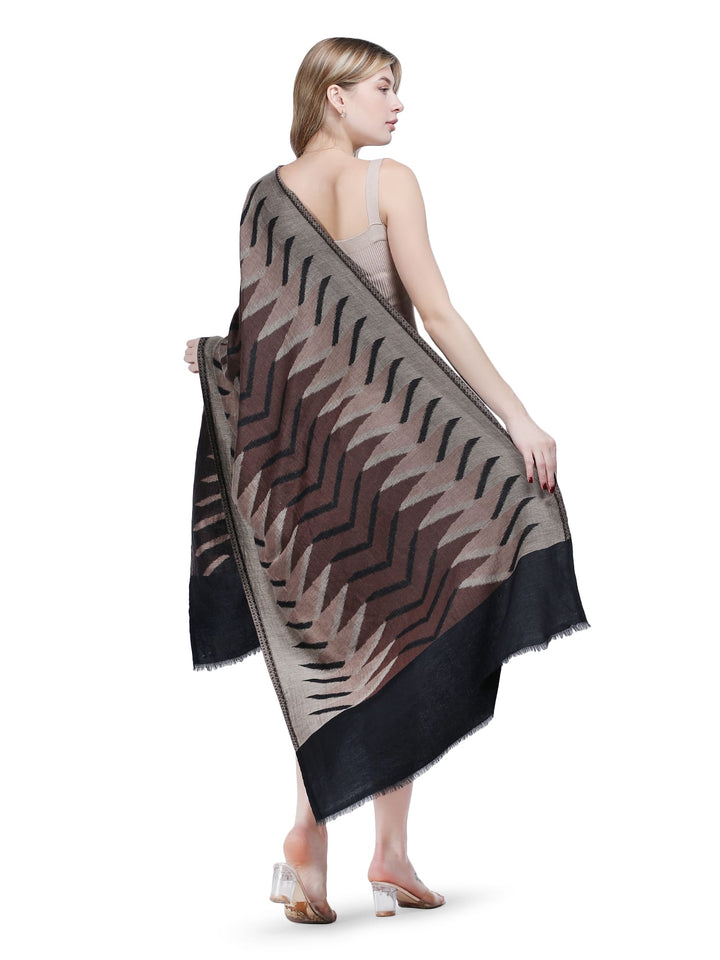 Plain Ikat Weave 100% Fine Wool Stole (Reversible) Stole - Black & brown- 377