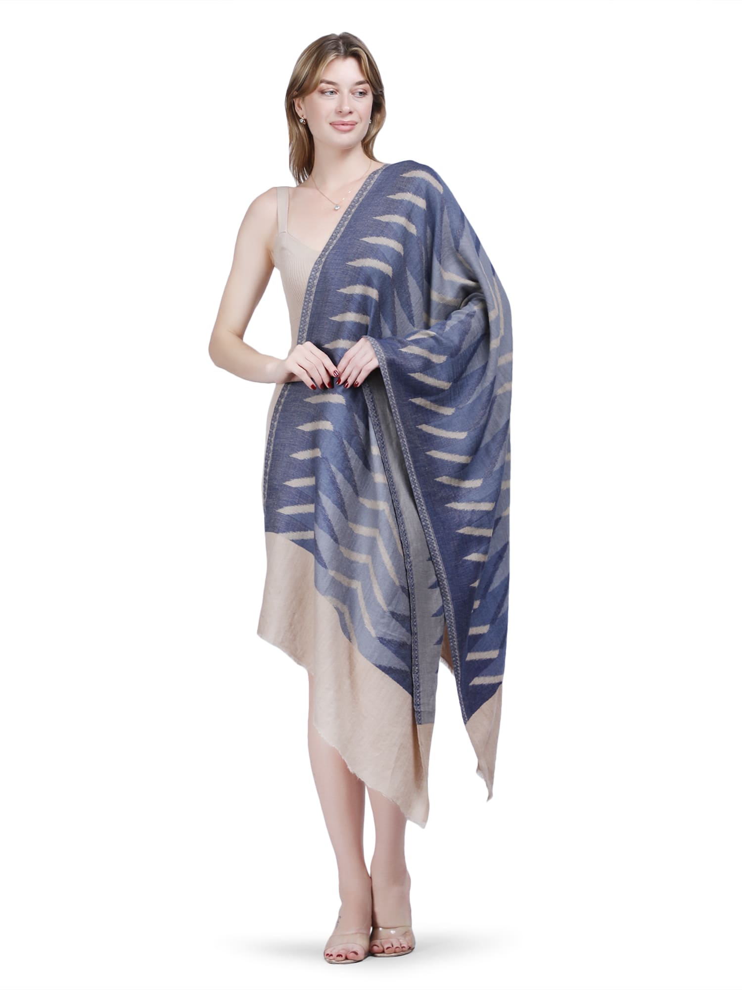 Plain Ikat Weave 100% Fine Wool Stole (Reversible) - Beige & Blue- 379