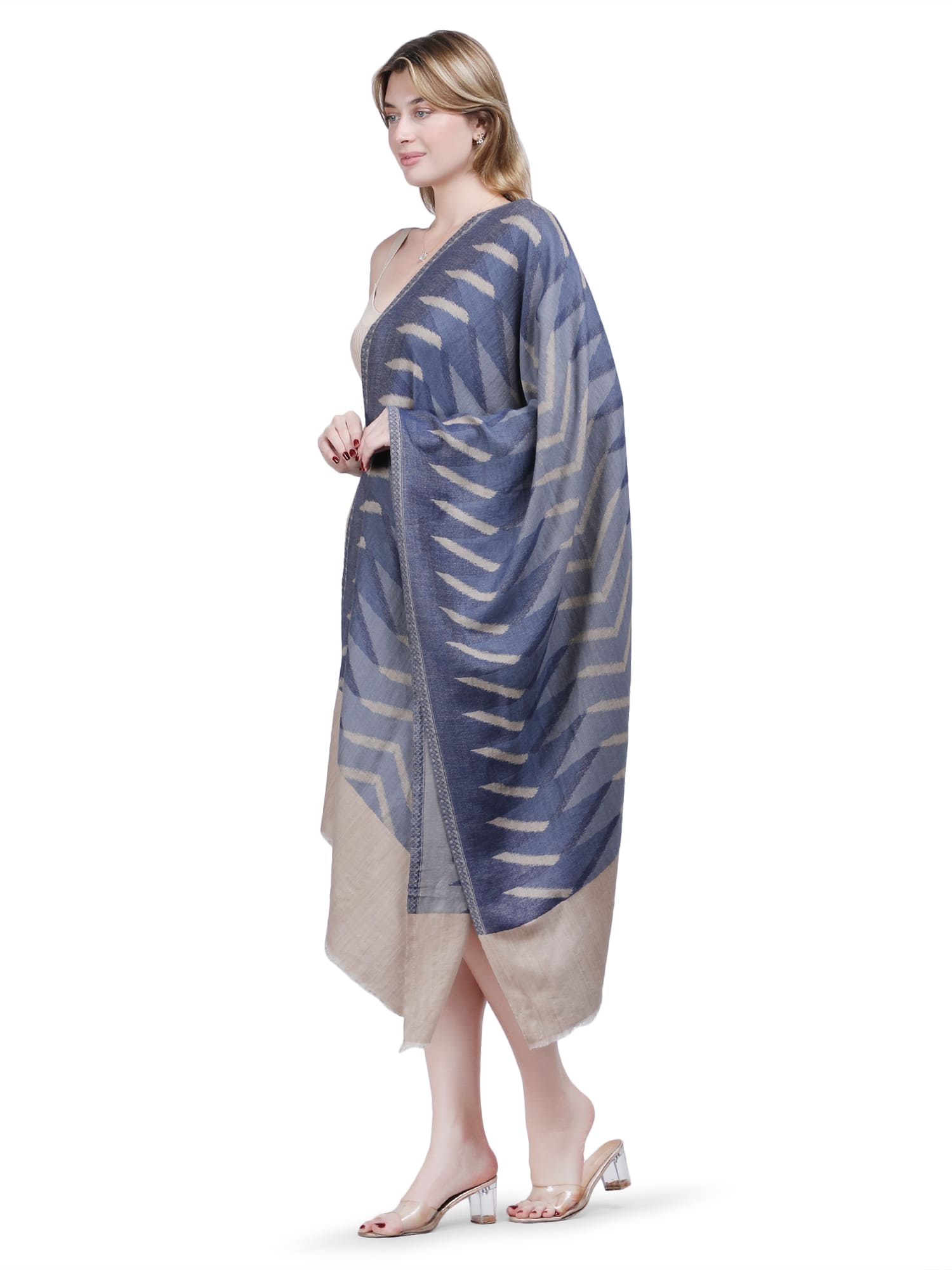 Plain Ikat Weave 100% Fine Wool Stole (Reversible) - Beige & Blue- 379