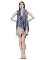 Plain Ikat Weave 100% Fine Wool Stole (Reversible) - Beige & Blue- 379