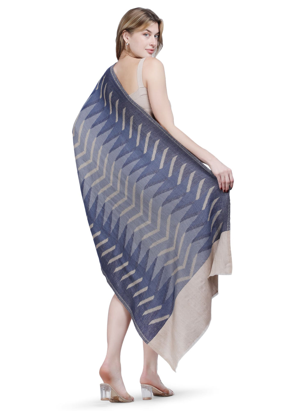 Plain Ikat Weave 100% Fine Wool Stole (Reversible) - Beige & Blue- 379
