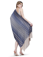 Plain Ikat Weave 100% Fine Wool Stole (Reversible) - Beige & Blue- 379