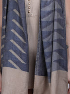 Plain Ikat Weave 100% Fine Wool Stole (Reversible) - Beige & Blue- 379