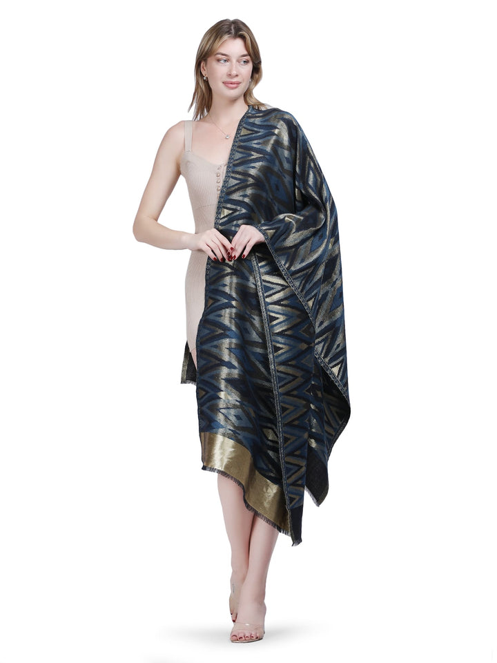 Zari Ikat Diamond Weave Stole - Navy Blue- 380