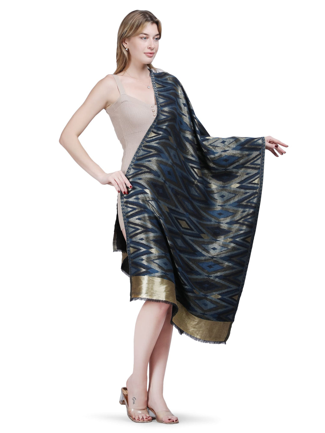 Zari Ikat Diamond Weave Stole - Navy Blue- 380