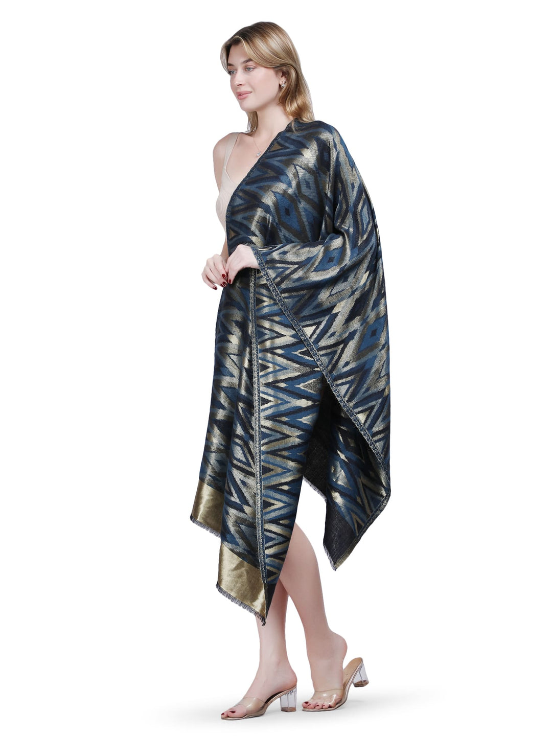 Zari Ikat Diamond Weave Stole - Navy Blue- 380