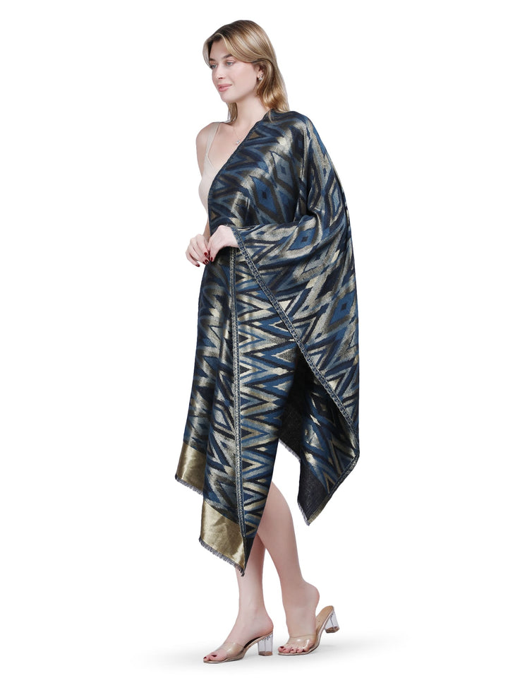 Zari Ikat Diamond Weave Stole - Navy Blue- 380