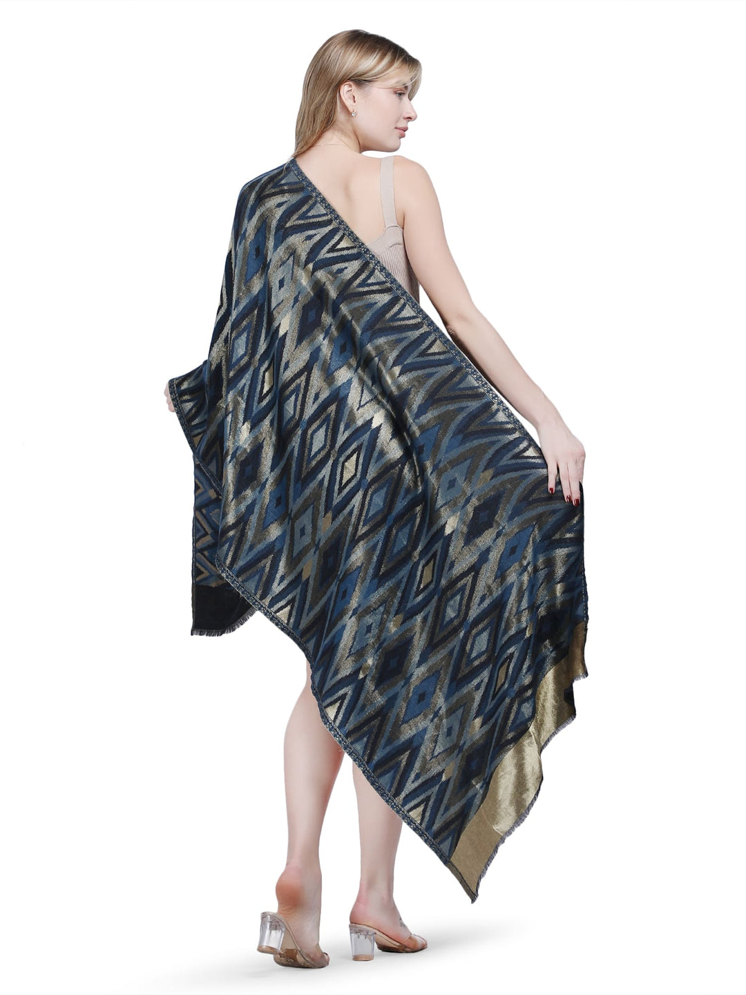 Zari Ikat Diamond Weave Stole - Navy Blue- 380
