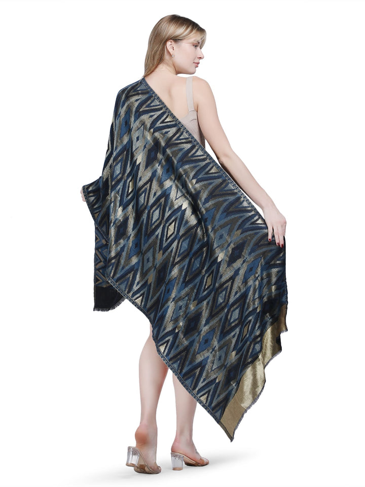 Zari Ikat Diamond Weave Stole - Navy Blue- 380