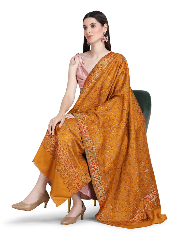 Mustard Floral Zari Modal Wool Stole - 384