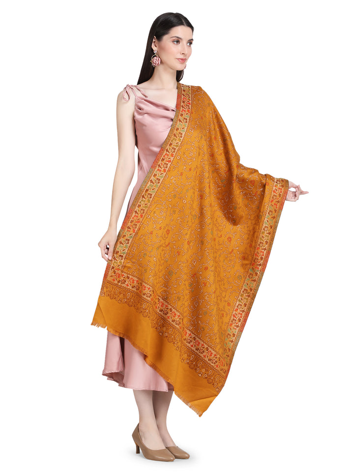 Mustard Floral Zari Modal Wool Stole - 384